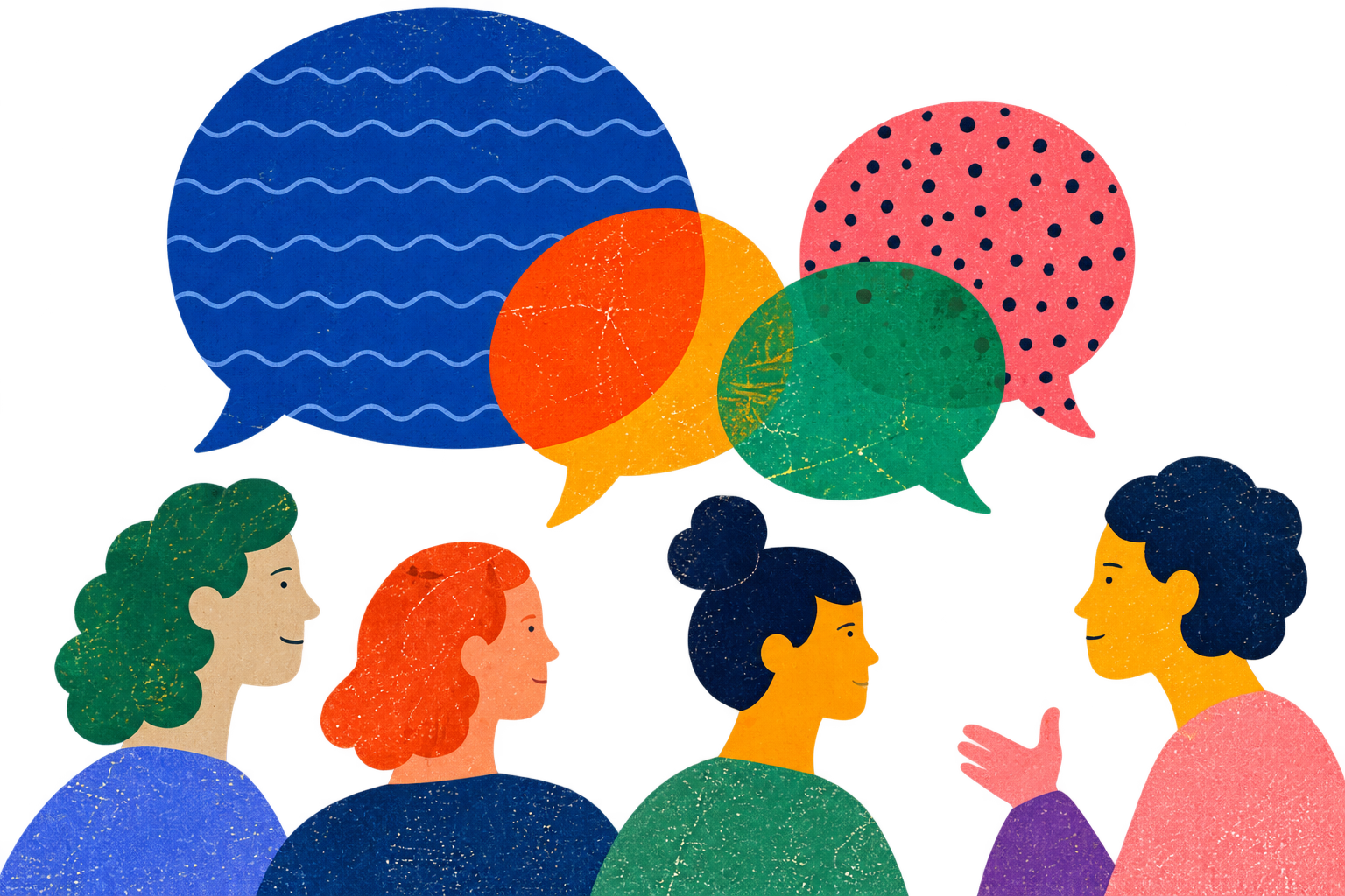 Ilustración de personas conversando con burbujas de diálogo de colores